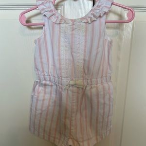 Janie and Jack 12-18 month romper. Pink and white. Some discoloration.